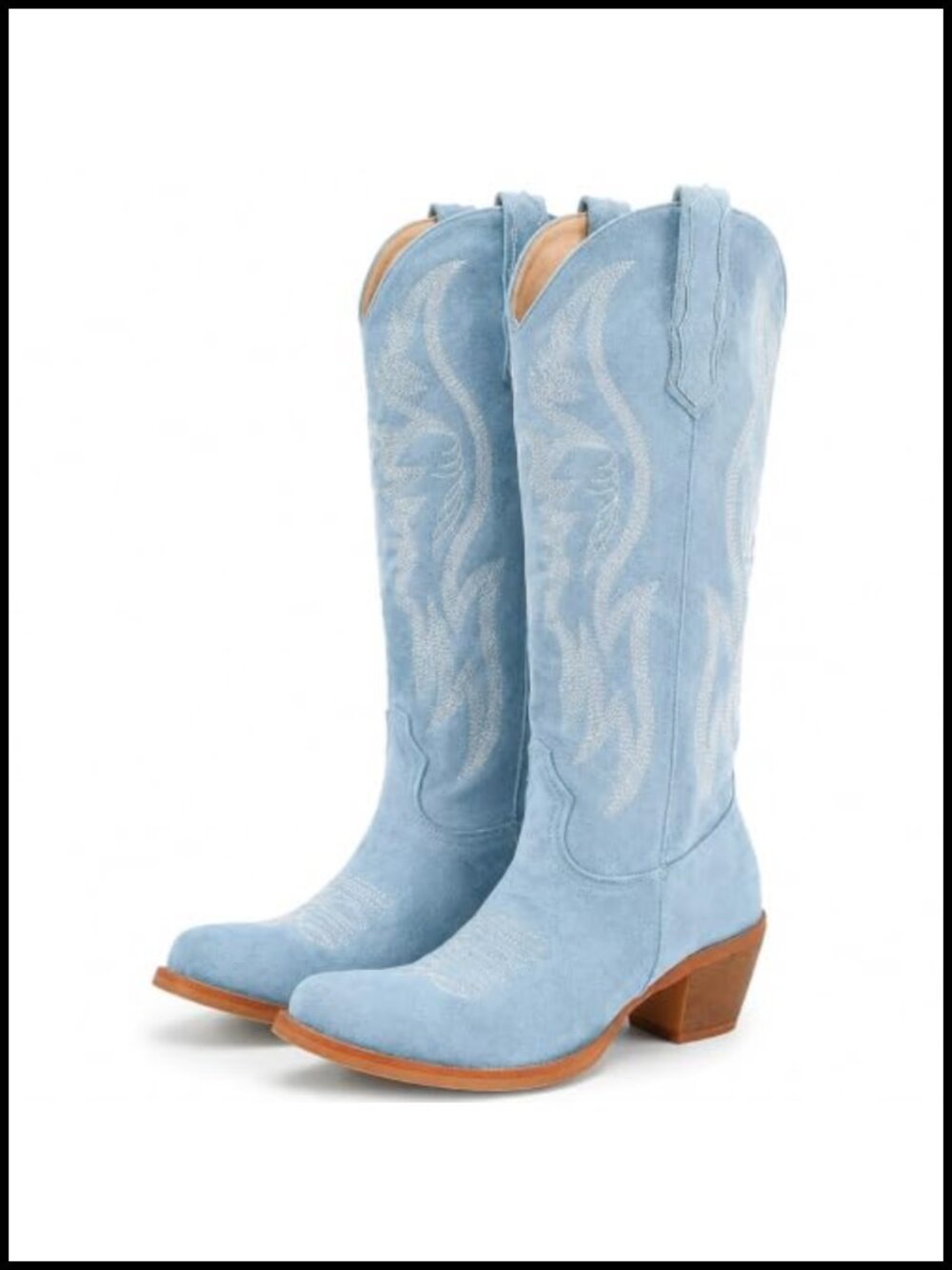 Womens Mid Calf Cowboy Boots Western Pointed Toe Embroidered Boots Faux Suede